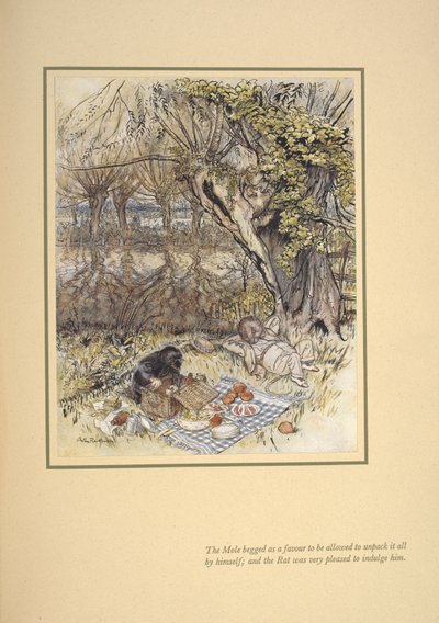 Köstebek, paketi tek başına açmasına izin verilmesi için bir iyilik olarak yalvardı; ve fare onu şımartmaktan çok memnun oldu'. by Arthur Rackham