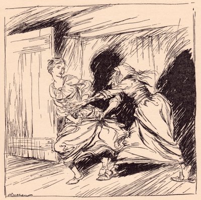 Yaşlı kadın onu elbisesinden yakaladı ve sımsıkı tutmaya çalıştı. Grimm's Fairy Tale, The Enchanted Tree'den Arthur Rackham'ın illüstrasyonu. by Arthur Rackham