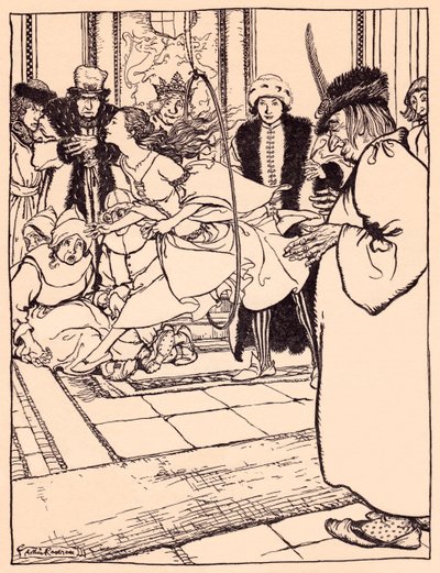 Güzel bakire çemberin içinden bir geyik kadar hafif atladı. Grimm's Fairy Tale, The Three Feathers'tan Arthur Rackham'ın illüstrasyonu. by Arthur Rackham