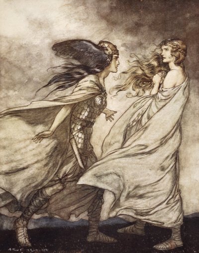 'Elindeki yüzük - ..ah rica ederim! Wotan onu fırlatıp atsın!', 'Siegfried ve Tanrıların Alacakaranlığı'ndan bir örnek by Arthur Rackham