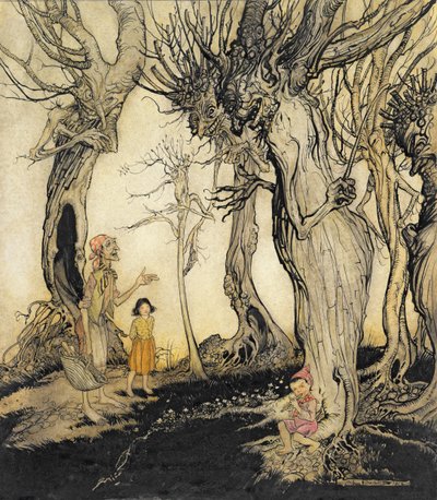 Ağaçlar ve balta, 'Aesop'un Masalları'ndan, c.1912 (kağıt üzerinde wc ile kalem ve mürekkep) by Arthur Rackham