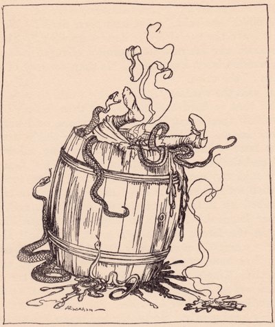 Kötü kaynana kaynayan yağ ve zehirli yılanlarla dolu bir fıçıya kondu. 19. yüzyılın sonlarında yayınlanan Grimm's Fairy Tale, The Twelve Brothers'tan Arthur Rackham'ın illüstrasyonu. by Arthur Rackham