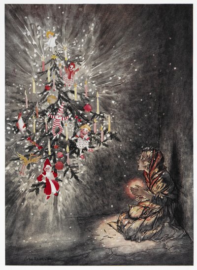 Orada güzel Noel ağacının altında oturuyordu'. Parlak bir şekilde aydınlatılmış Noel ağacına bakan genç bir kız. 'Küçük kibritçi kız' hikayesi için renkli illüstrasyon. by Arthur Rackham