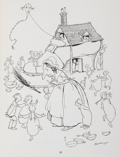 Bir ayakkabıda yaşayan yaşlı bir kadın varmış. Ayakkabı evi ve bir sürü çocuğu olan kadın. by Arthur Rackham