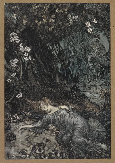 Titania uyuyor". Bir Yaz Gecesi Rüyası'ndan bir sahne. by Arthur Rackham