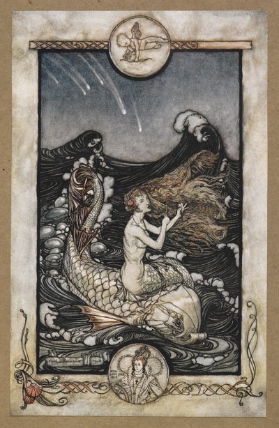 Deniz kızının müziğini duymak için'. Bir Yaz Gecesi Rüyası'ndan bir sahne. by Arthur Rackham