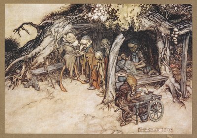 Küçük elflerime palto yapmak için. Bir Yaz Gecesi Rüyası'ndan bir sahne. by Arthur Rackham