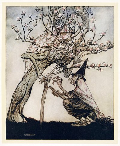 Tree of Mine! O tree of mine! Have you seen my naughty little maid?, from English Fairy Tales, pub. 1922  by Arthur Rackham