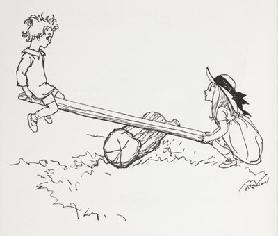 Bir testere üzerinde iki çocuk. by Arthur Rackham