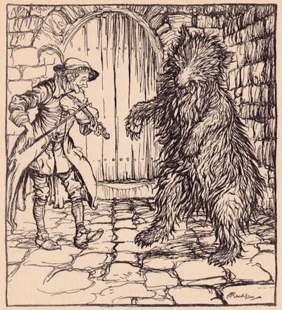 Ayı müziği duyunca kendini tutamayıp dans etmeye başlamış. Grimm's Fairy Tale, The Cunning Little Tailor'dan Arthur Rackham'ın çizimi. by Arthur Rackham
