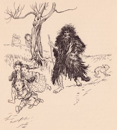 Onu gören kaçtı. Grimm's Fairy Tale Bearskin'den Arthur Rackham'ın illüstrasyonu. by Arthur Rackham