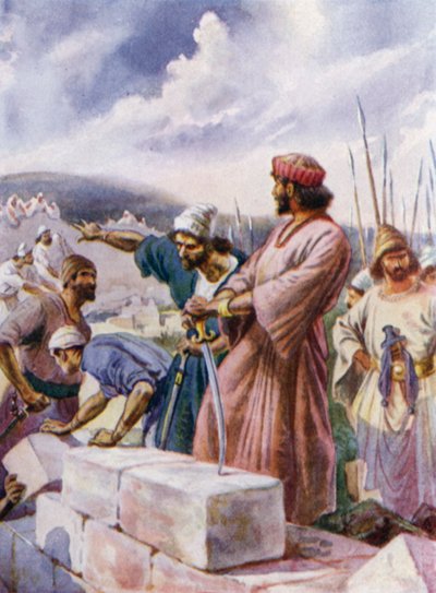 Nehemya duvarı inşa ediyor (renkli taş) by Arthur Twidle