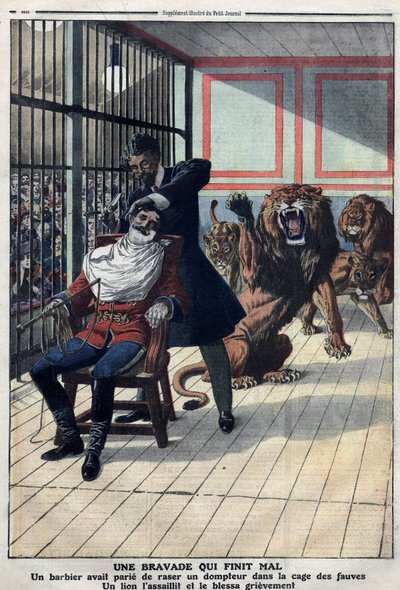 Sonu kötü biten bir kabadayılık: Canavarların kafesinde bir terbiyeciyi tıraş etmek için bahse giren bir berber by Artist Unknown