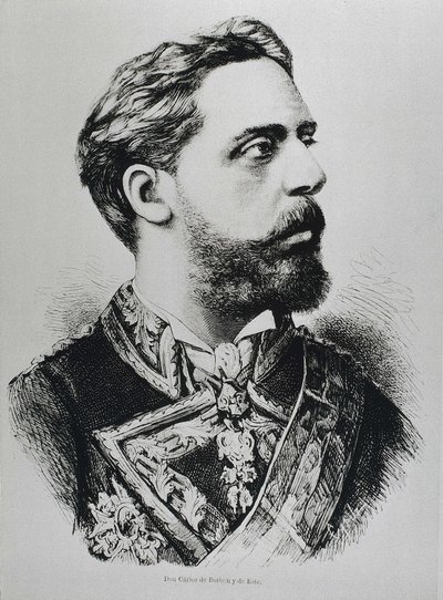 CARLOS VII, Carlos Maria de los Dolores de Borbon y Austria-Este (1848-1909). Carlos VII olarak İspanya tahtına talip olan Karlist. İspanya. Karizm. Charles VII, Karlist taht iddiacısı. "La ilustracion Espanola y Americana" dergisinde yayımlanmıştır. Gravü by Artist Unknown