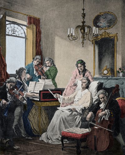 Wolfgang Amadeus Mozart (1756-1791) ölürken, yeni bitirdiği Requiem için bir grup müzisyeni yönetiyor (Mozart (1756-1791) in his last days conducting a group of musicians for the Requiem) by Artist Unknown