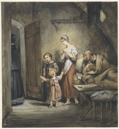 Yanında karısı ve iki çocuğu olan hasta bir adam yatakta by Ary Scheffer