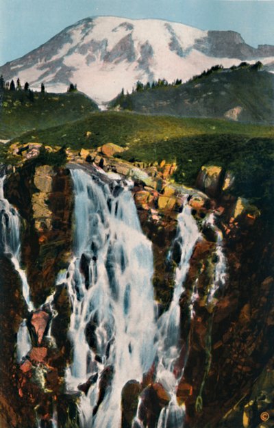 Myrtle Şelalesi ve Rainier Dağı, c1916 by Asahel Curtis