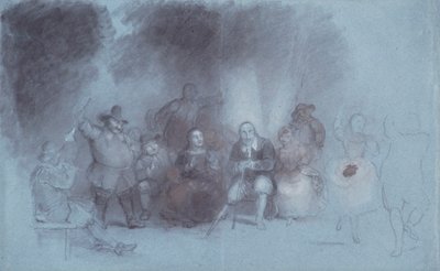 Pil Üzerinde Dans, c.1838 (mavi-gri kağıt üzerinde kahverengi ve beyaz tebeşirle vurgulanmış karakalem) by Asher Brown Durand