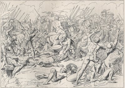 Mora Savaşı: Yunan filozofu Socrates'in Alcibiade'de hayatını kurtardığı Potidee Savaşı (La battaglia di Potidea). (Gravür d'apres cartens), L. Tarsot 1893'ün "" Les ecoliers a travers les age"" eserinde. by Asmus Jacob (after) Carstens