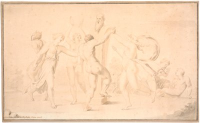 Bakkanal. Bir satir, bir arka kenar ve üç arka kenar dansçısı Priapsherme hakkında dans ediyor by Asmus Jacob Carstens