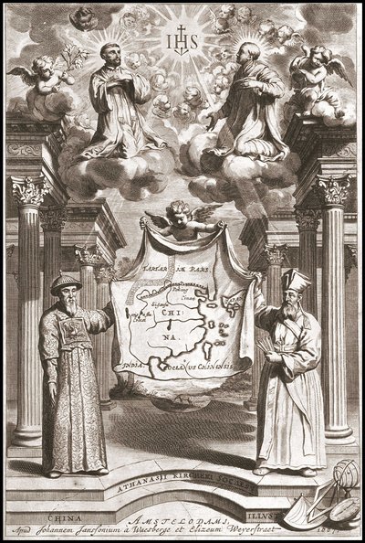 Adam Schall (solda) ve Matteo Ricci (sağda), Çin Mandarin kostümü içinde, Athanase Kircher (veya Athanasius Kircheri) tarafından “Çin”in ön yüzü by Athanasius Kircher
