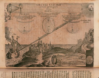 Arşimet'in yanan aynaları, Ars magna lucis et umbrae'den (büyük ışık ve gölge sanatı) gravür, Athanasius Kircher (1602-1680), Roma by Athanasius Kircher