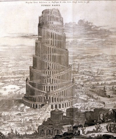 Babil Kulesi. Athanasius Kirche'nin "Turris Babel" adlı eserinde bu kulenin inşasını ve erken insanlığın tarihini konu alan yeniden inşası. by Athanasius Kircher