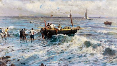 Balıkçılar ile deniz manzarası (resim) by Attillo Pratella