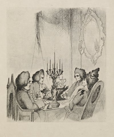 Elli çizimden oluşan bir kitaptan "Madame Lescaut" filminden bir sahne by Aubrey Beardsley