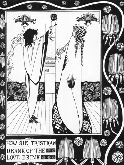 Arthur Efsanesi: “” Tristan aşk philtre içiyor””” “Tristan'ın hikayesi ve Isolde ile olan aşk hikayesini içeren maceraları”””””” Sir Thomas Malory'den, Aubrey Beardsley tarafından resimlenen baskı (1872-1898) ) 1893-1894 (Arthur by Aubrey Beardsley