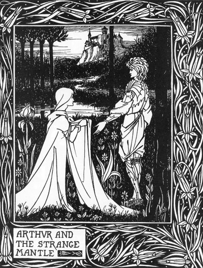 Kral Arthur, Morgane tarafından gönderilen genç bir kızın ziyaretini kabul ediyor (Kral Arthur ve Morgan the fay tarafından gönderilen garip manto) Thomas Malory