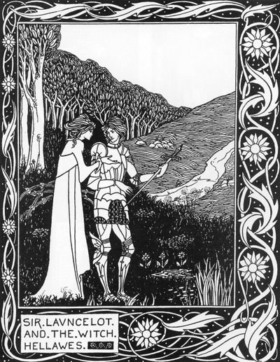 Sir Launcelot ve cadı Hellawes (Lancelot ve cadı Hellawes) Thomas Malory'nin “Arthur'un Ölümü”nden Aubrey Beardsley'nin (1872-1898) çizimi by Aubrey Beardsley