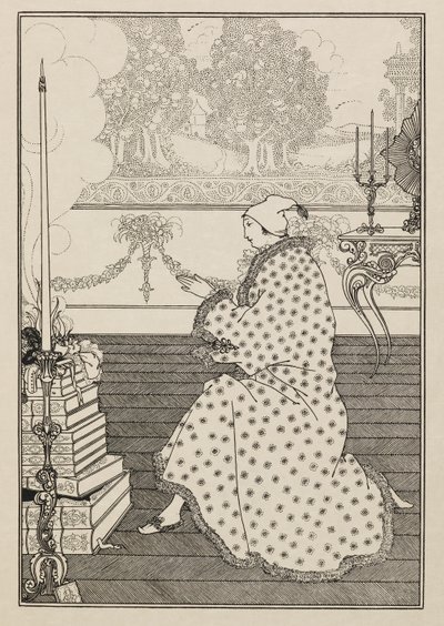 Baronun duası. "Kilidin Tecavüzü"nden. bir kitaptan elli çizim by Aubrey Beardsley
