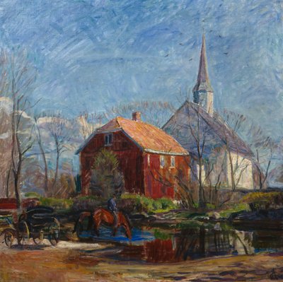 Kilise ve kırmızı ev, Rygge Kilisesi by August Eiebakke