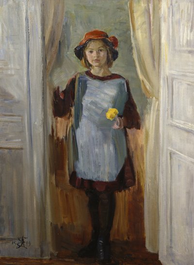Kapıdaki kız (Maria Eiebakke) 1918 (tuval üzerine yağlı boya) by August Eiebakke
