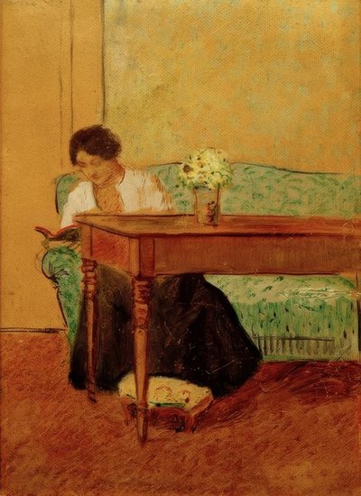 Elisabeth yeşil kanepede kitap okuyor by August Macke