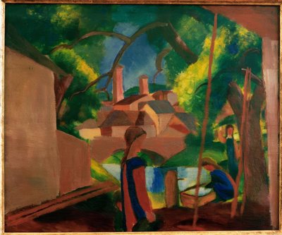 Arka planda şehir olan çeşmedeki çocuklar by August Macke