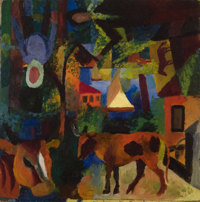 İnekler, Yelkenli ve Boyalı Figürlerle Manzara by August Macke