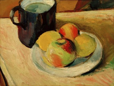 Plaka üzerinde süt sürahisi ve elma by August Macke