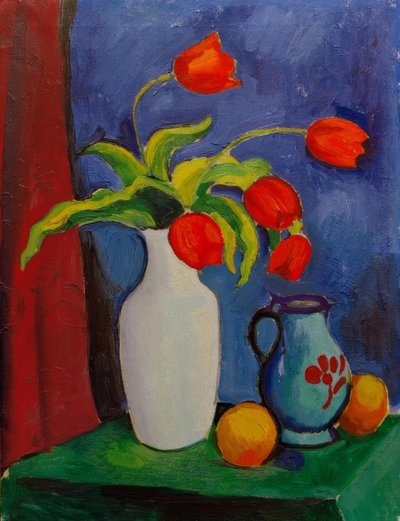 Beyaz bir vazoda kırmızı laleler by August Macke