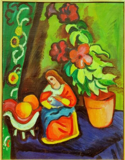 Madonna, petunyalar ve elmalar ile natürmort by August Macke