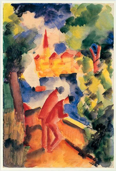 Korkulukta İki Adam Kolunda Bir Göle Bakan 1914 (suluboya) by August Macke