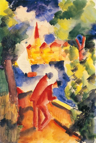 Korkulukta İki Adam Kolunda Bir Göle Bakan 1914 (suluboya) by August Macke