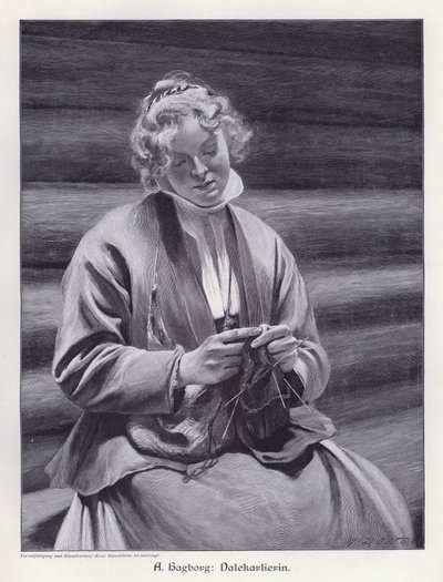Örgü ören bir kadının portresi (gravür) by August Wilhelm Nikolaus Hagborg