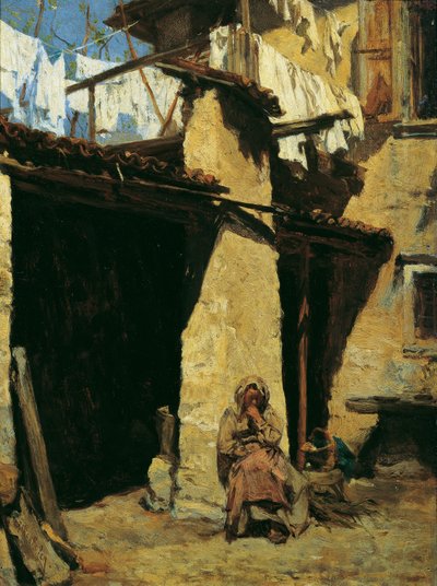 Çiftçinin karısıyla birlikte Napoliten çiftlik evi by August von Pettenkofen