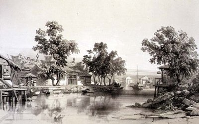 Honan Tapınağı ve Kanalı, Eugene Ciceri (1813-90) 1842 (renkli taş) tarafından oyulmuş 