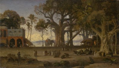 Hint Figürleri ve Fillerin Banyan Ağaçları Arasında Ay Işığıyla Aydınlanan Manzarası, Yukarı Hindistan (muhtemelen Lucknow) by Auguste Borget