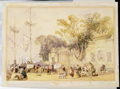 Hong Kong Körfezi'ndeki Köy Meydanı, Eugene Ciceri (1813-90) 1842 (renkli taş) tarafından oyulmuş 'Çin Eskizlerinden' 5. plaka by Auguste Borget