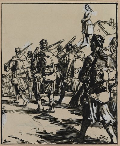 Sınırlar Savaşı: Bir grup İngiliz askeri, 1914. by Auguste Louis Lepère