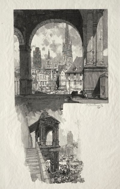 Resimli Rouen: Place de la Haute Vieille Turu; Gurur Aedicule by Auguste Louis Lepère